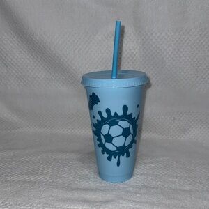 Custom Designed Blue Soccer Tumbler with Straw- New Without Tags